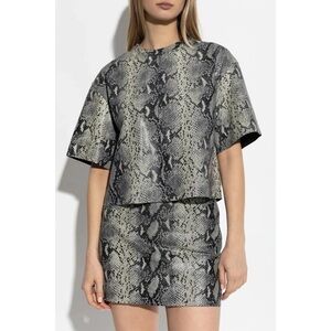 $569 AllSaints Women's 100% Leather Renai Snake Print Suede T-Shirt Black White
